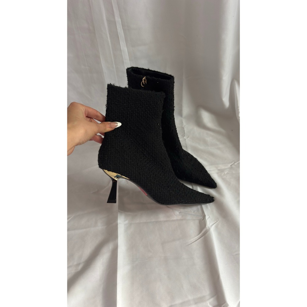 $90 NWOT Zara Black Textured Pointed Toe Sock Booties Gold Heel Ankle Women's 36 - Picture 4 of 10